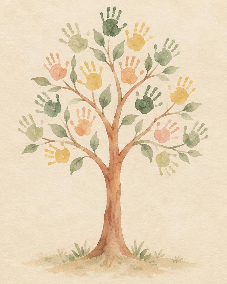 A soft watercolor illustration of a young tree whose leaves are small children's handprints in green, yellow and terracotta